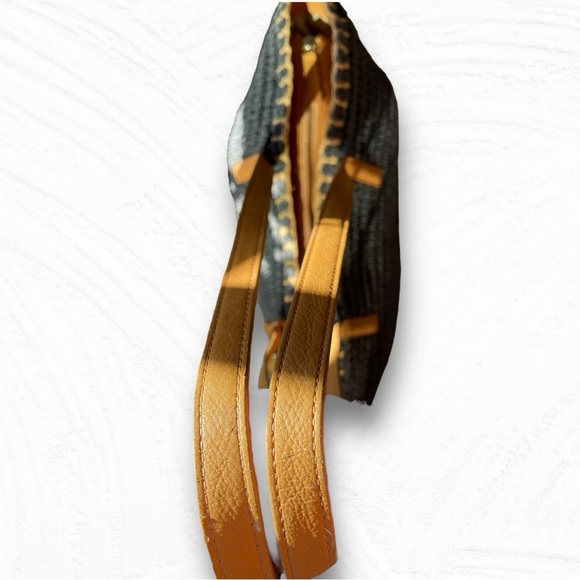 Talbots 🪢 Raffia Straw Tote Bag Navy w/ Tan Leather Straps & Tassel - Picture 4 of 14